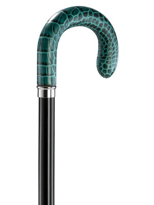 Ossenberg Holzstock Gehstock schwarz Buchenholz Rundhaken grünes Leder Kroko